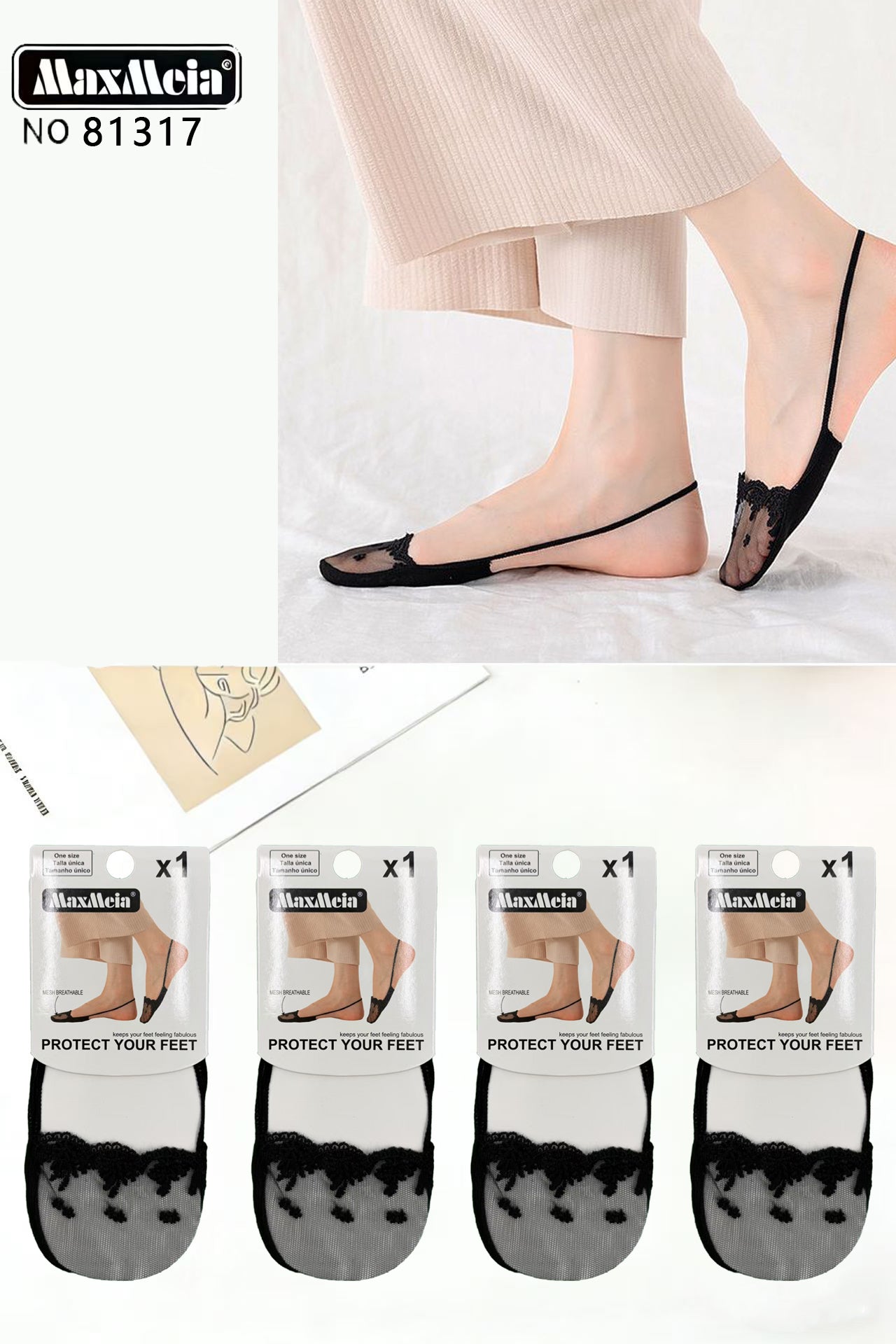 Meia Sheer Transparente Renda Floral Bico Mulher | Tamanho Único | Preto e Bege|Pack de 1/4 pares