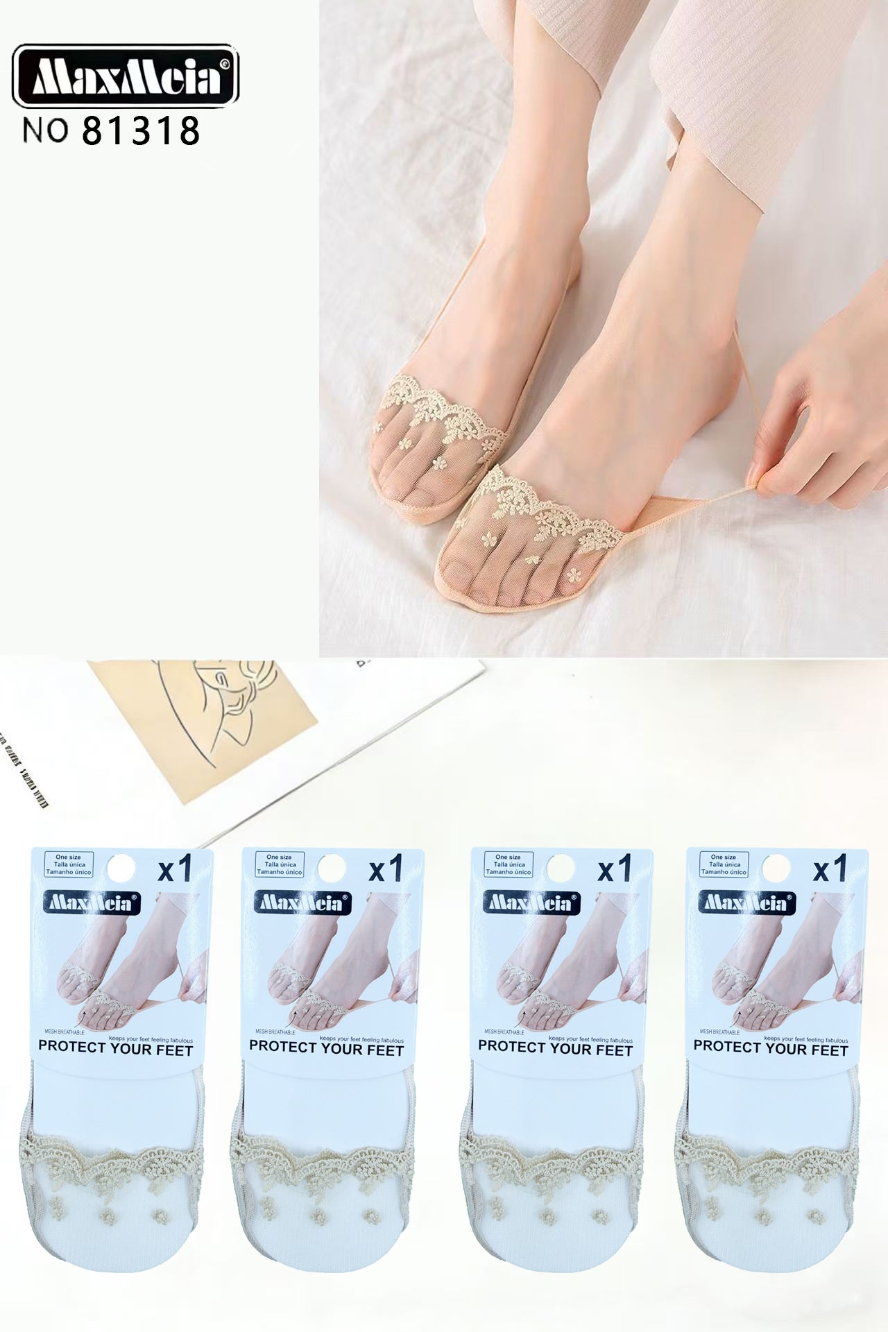 Meia Sheer Transparente Renda Floral Bico Mulher | Tamanho Único | Preto e Bege|Pack de 1/4 pares