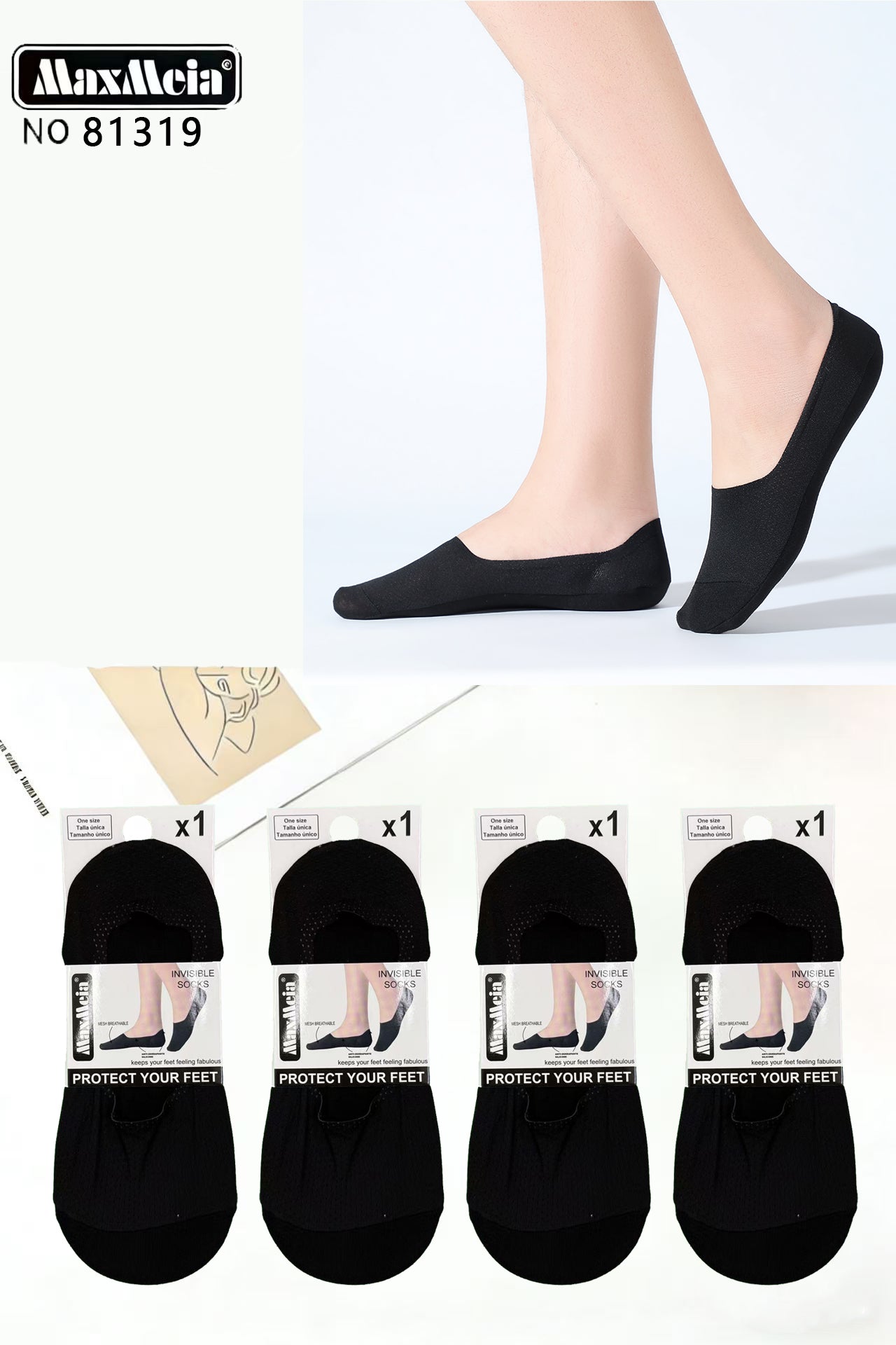 Meia Invisível Homem Algodão Silicone Antiderrapante | Tamanho Único | 3 Cores|Pack de 1/4 pares