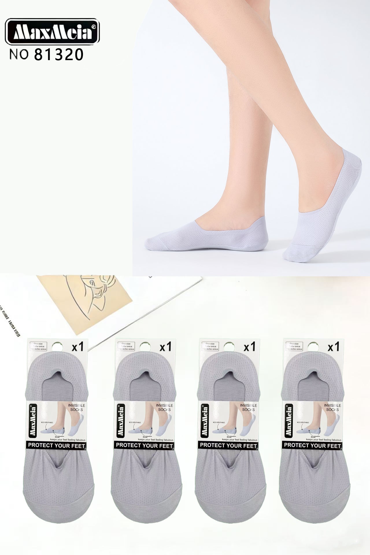 Meia Invisível Homem Algodão Silicone Antiderrapante | Tamanho Único | 3 Cores|Pack de 1/4 pares
