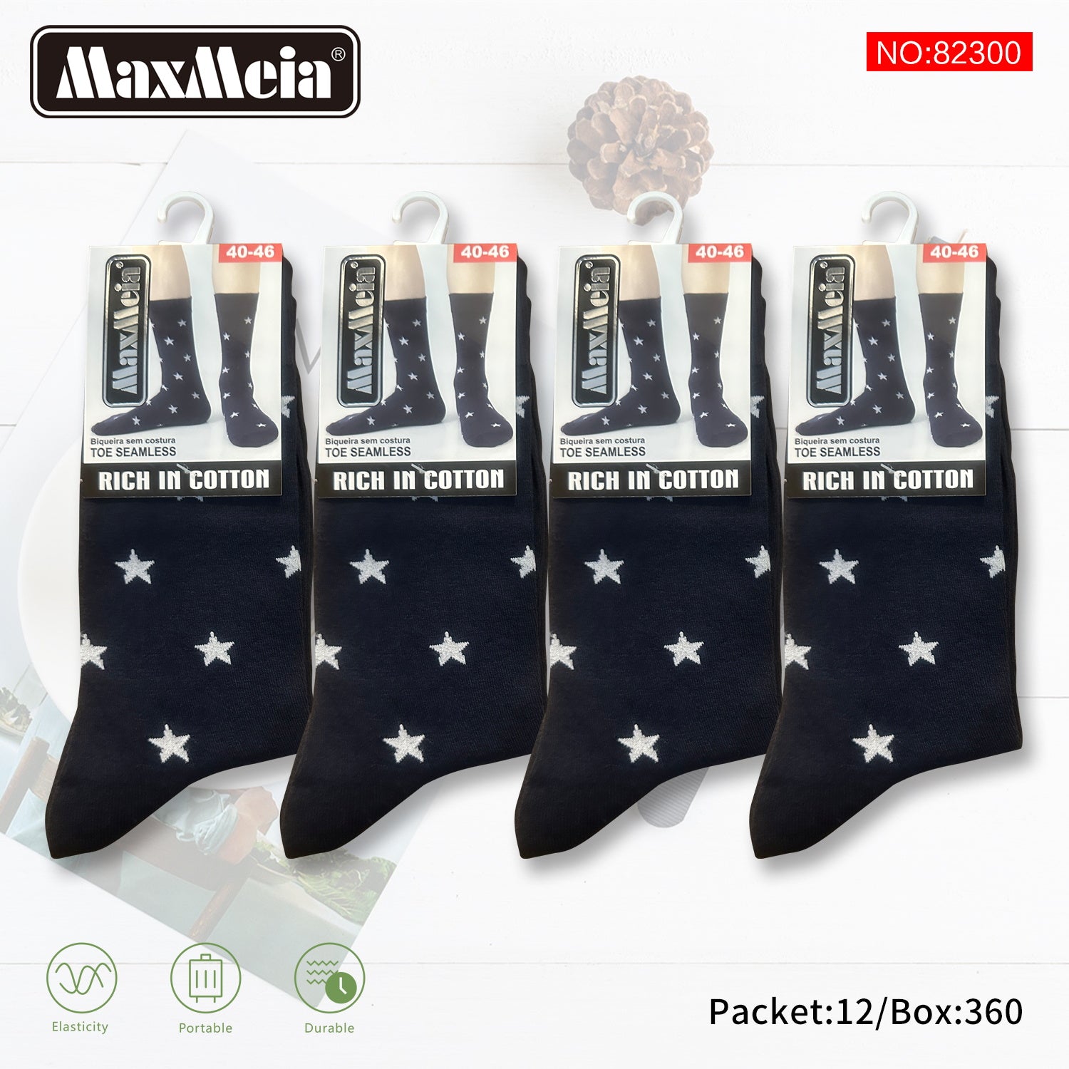 Meias Cano Alto Estrelas Biqueira Sem Costura Pack de 1/4/12 Pares