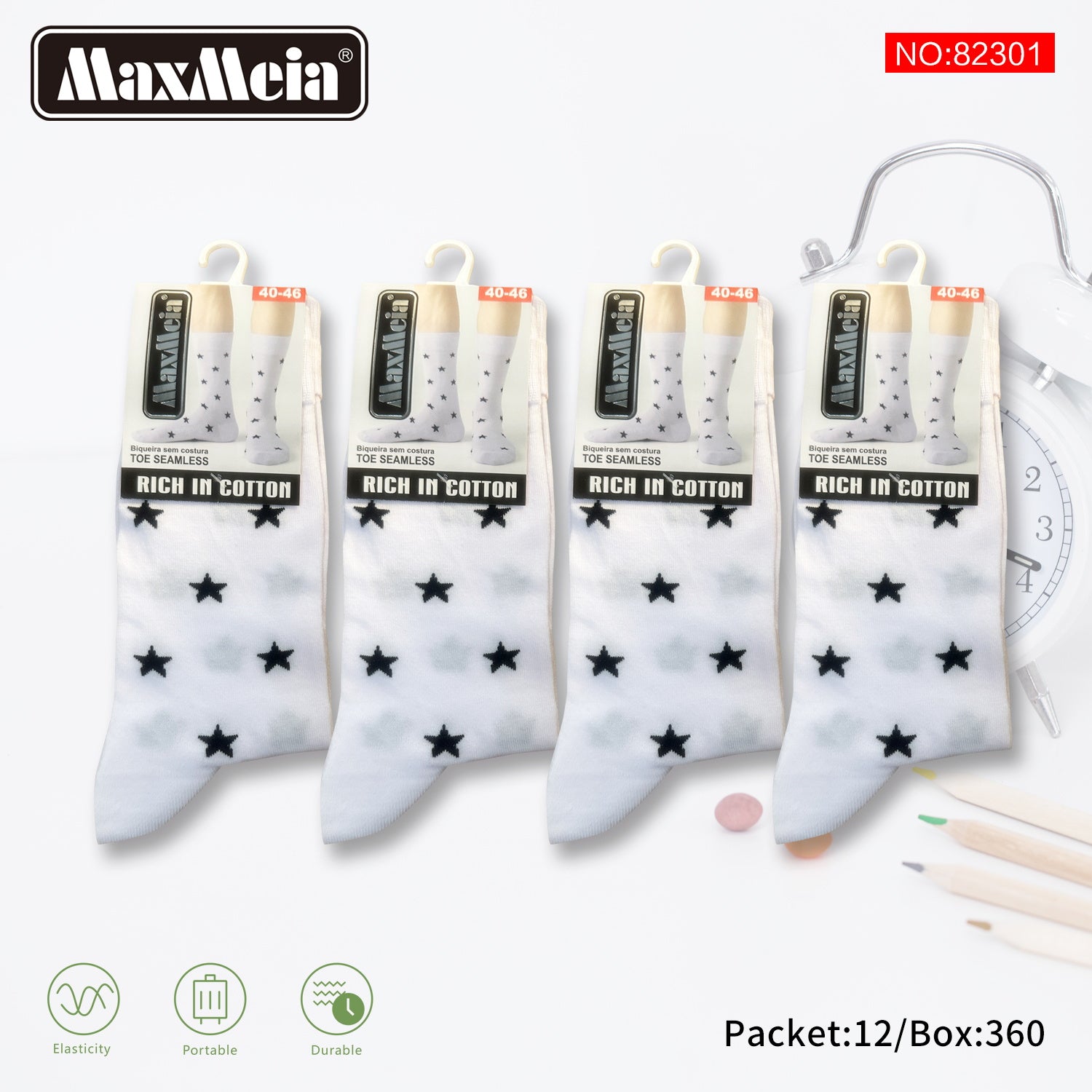 Meias Cano Alto Estrelas Biqueira Sem Costura Pack de 1/4/12 Pares