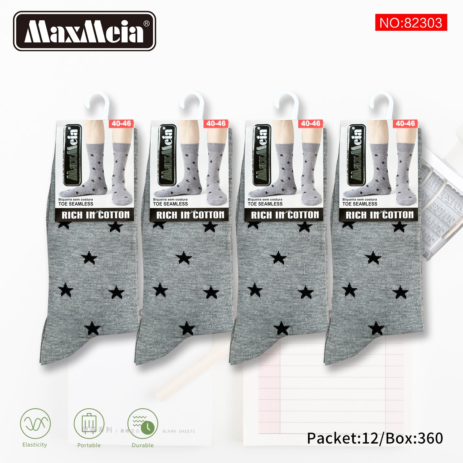 Meias Cano Alto Estrelas Biqueira Sem Costura Pack de 1/4/12 Pares