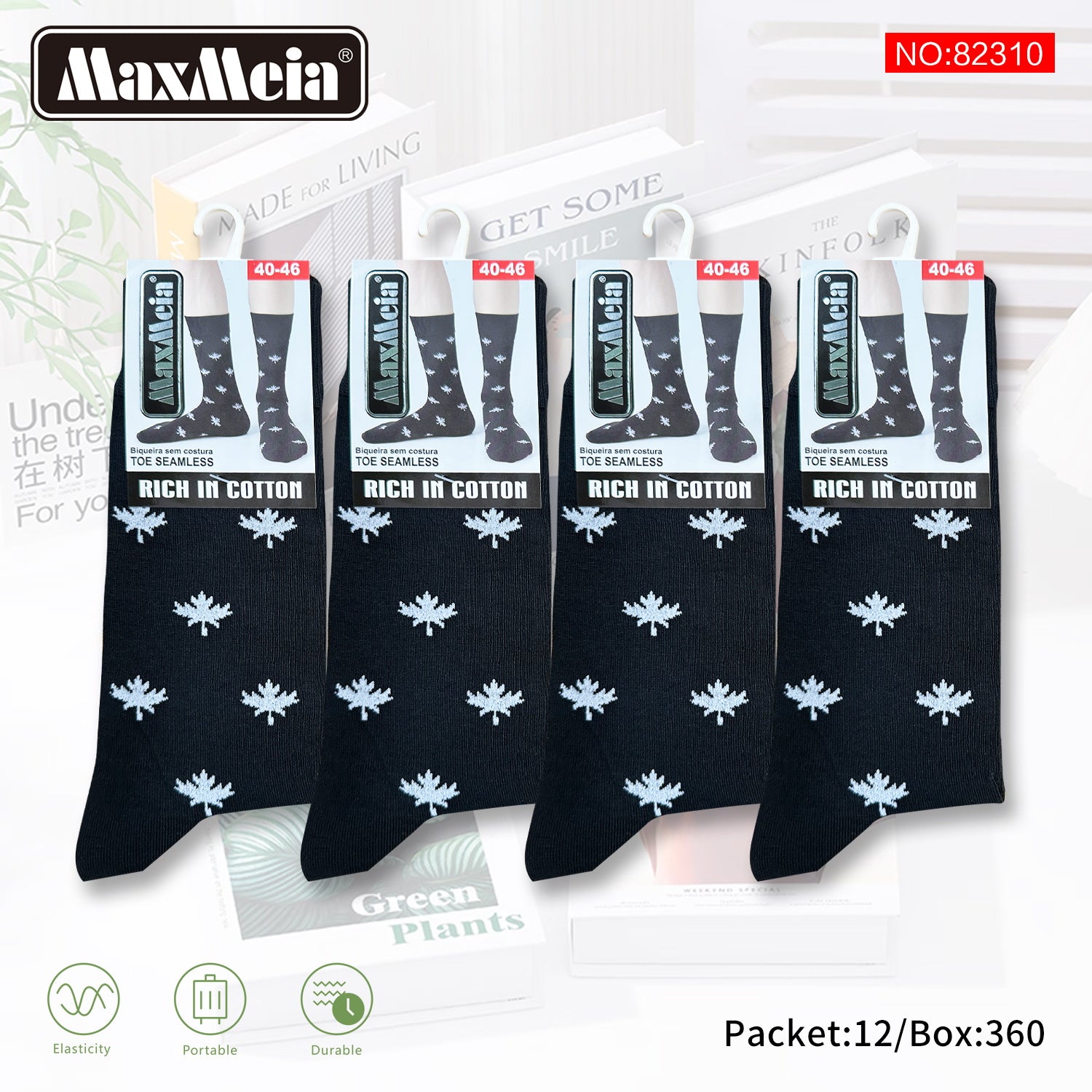 Meias Cano Alto Folhas Biqueira Sem Costura  Pack de 1/4//12 pares