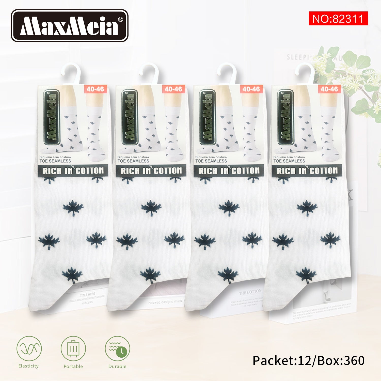 Meias Cano Alto Folhas Biqueira Sem Costura  Pack de 1/4//12 pares