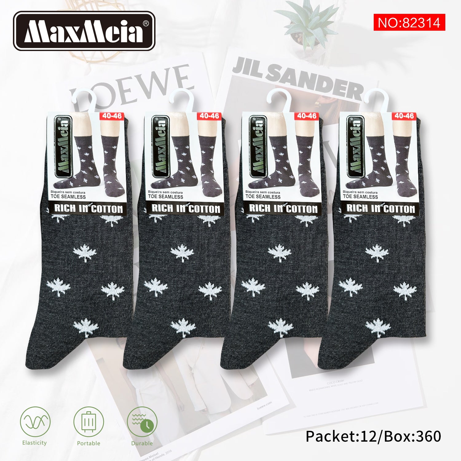 Meias Cano Alto Folhas Biqueira Sem Costura  Pack de 1/4//12 pares