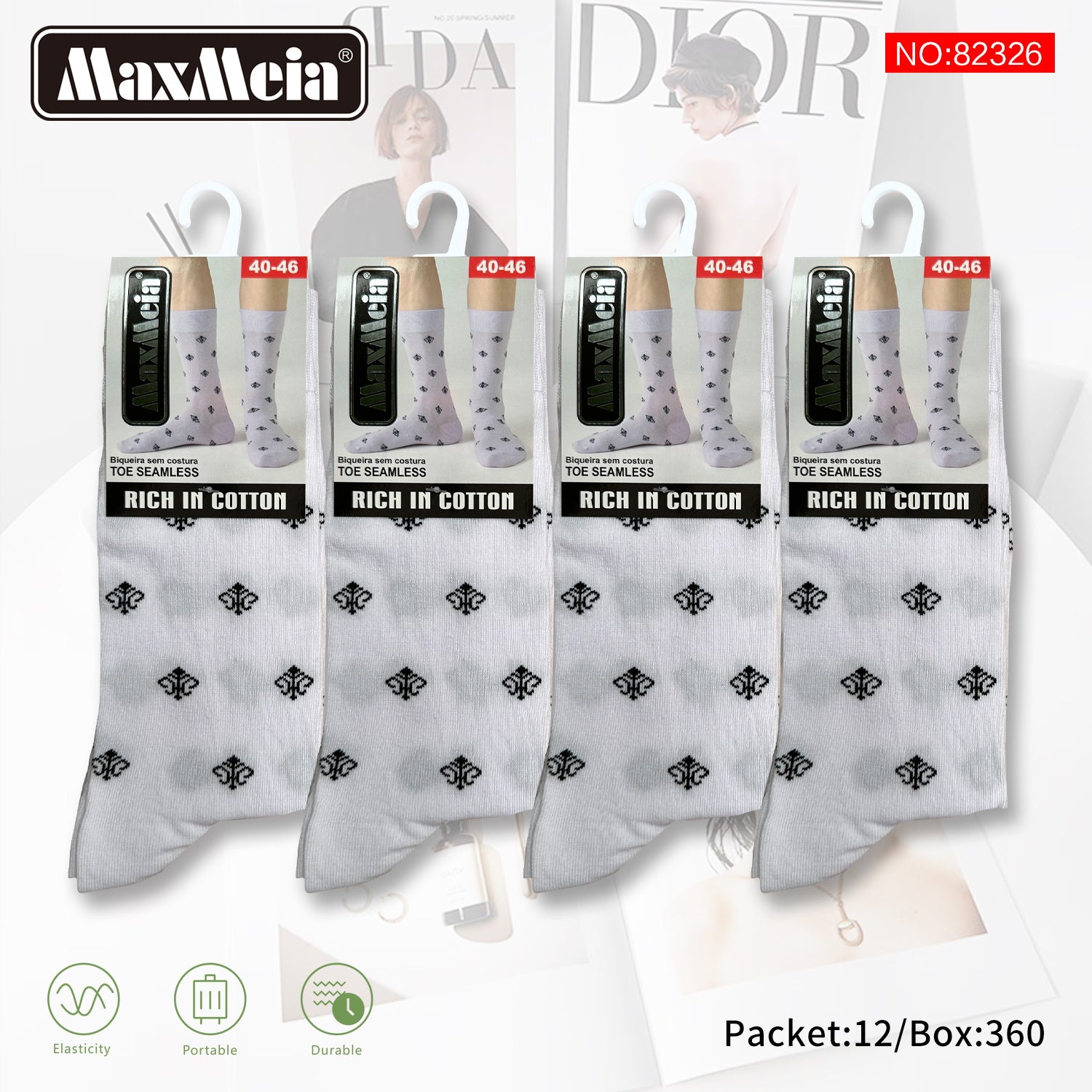 Meias Cano Alto Emblema Clássico Biqueira Sem Costura Pack de 1/4//12 pares