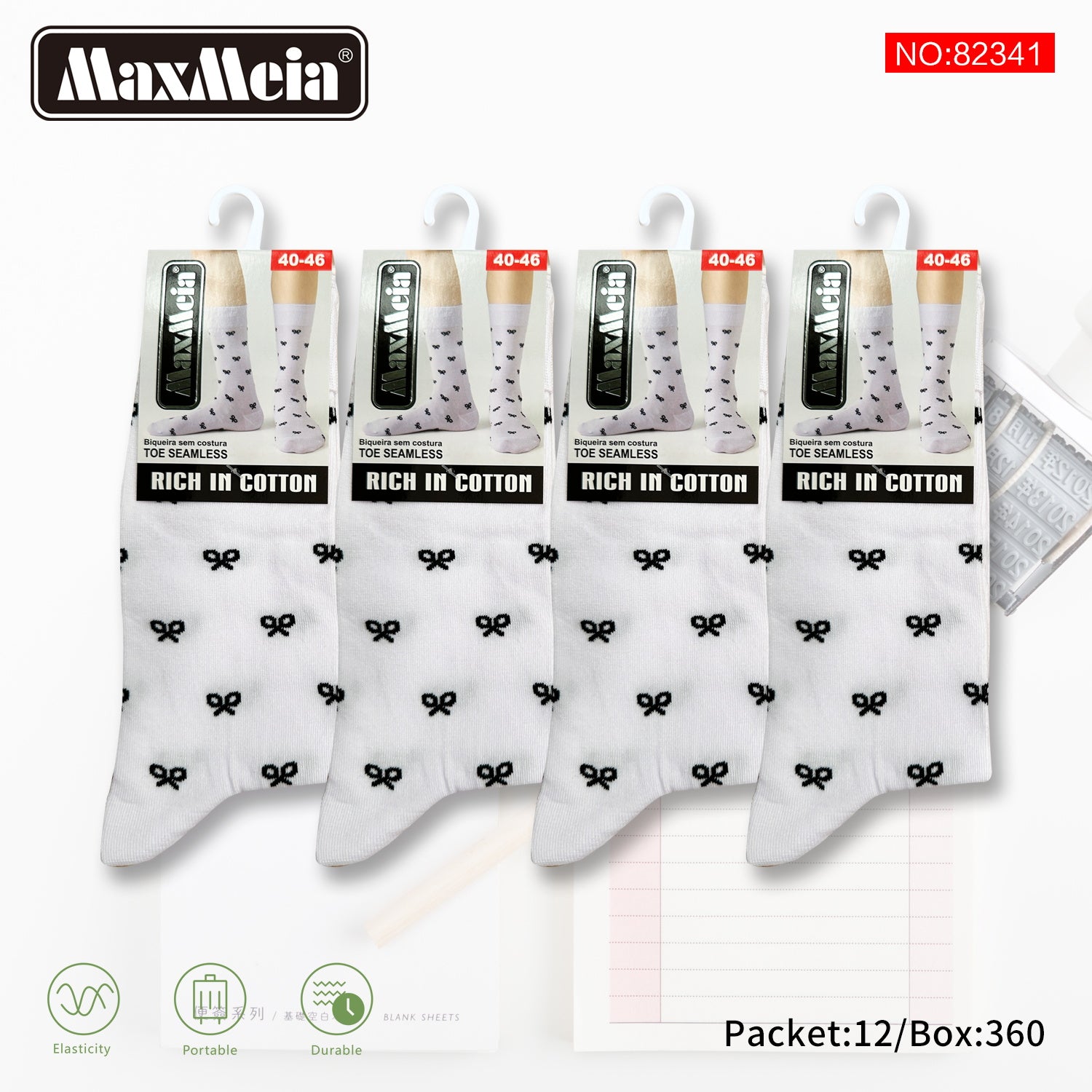 Meias Cano Alto Laços Biqueira Sem Costura Pack de 1/4//12 pares