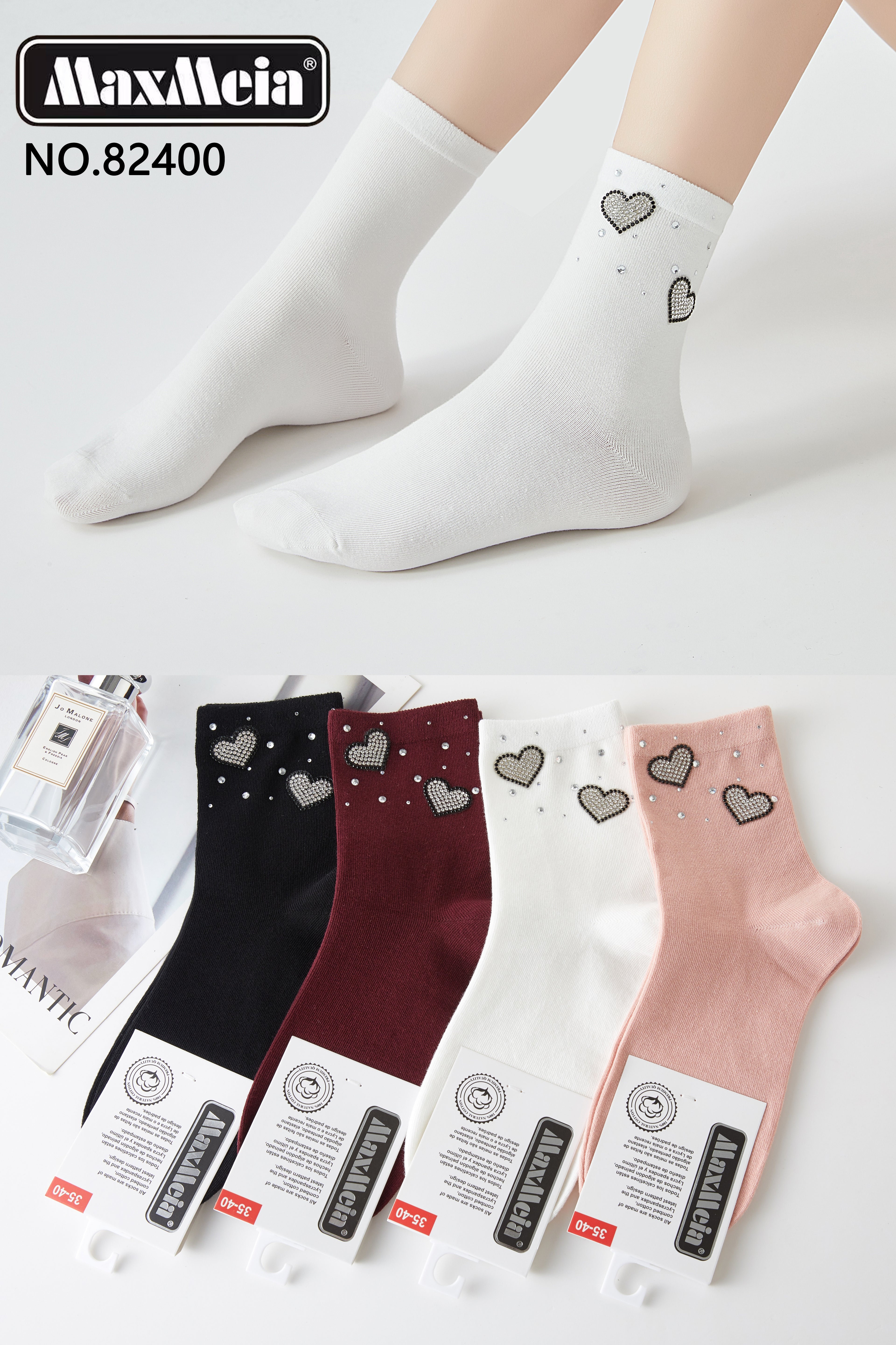 Meias Femininas com Corações em Strass e Pérolas Pack 4 Pares Sortidos MaxMeia