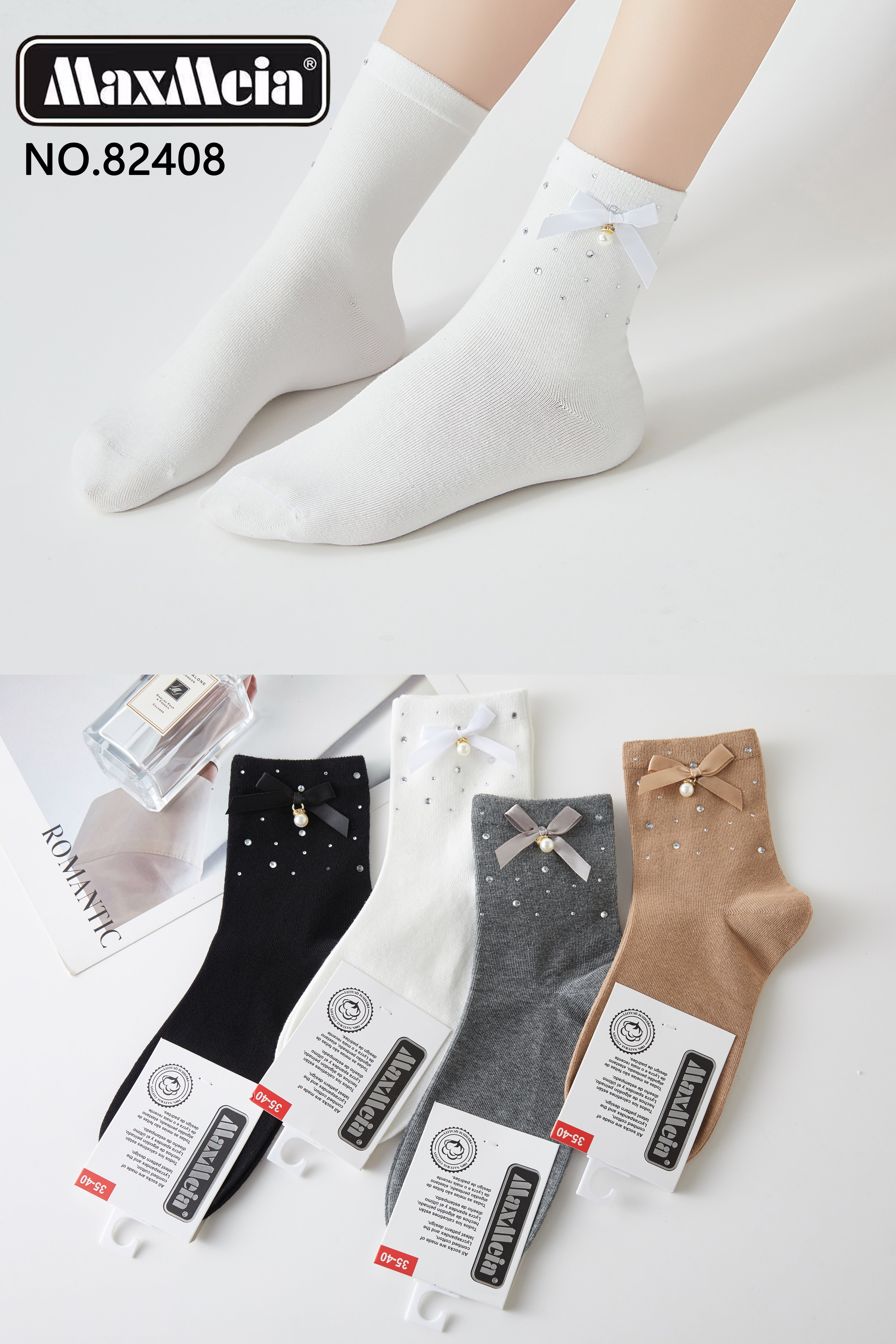 Meias Femininas com Laço e Pérolas Espalhadas Pack 4 Pares Sortidos MaxMeia
