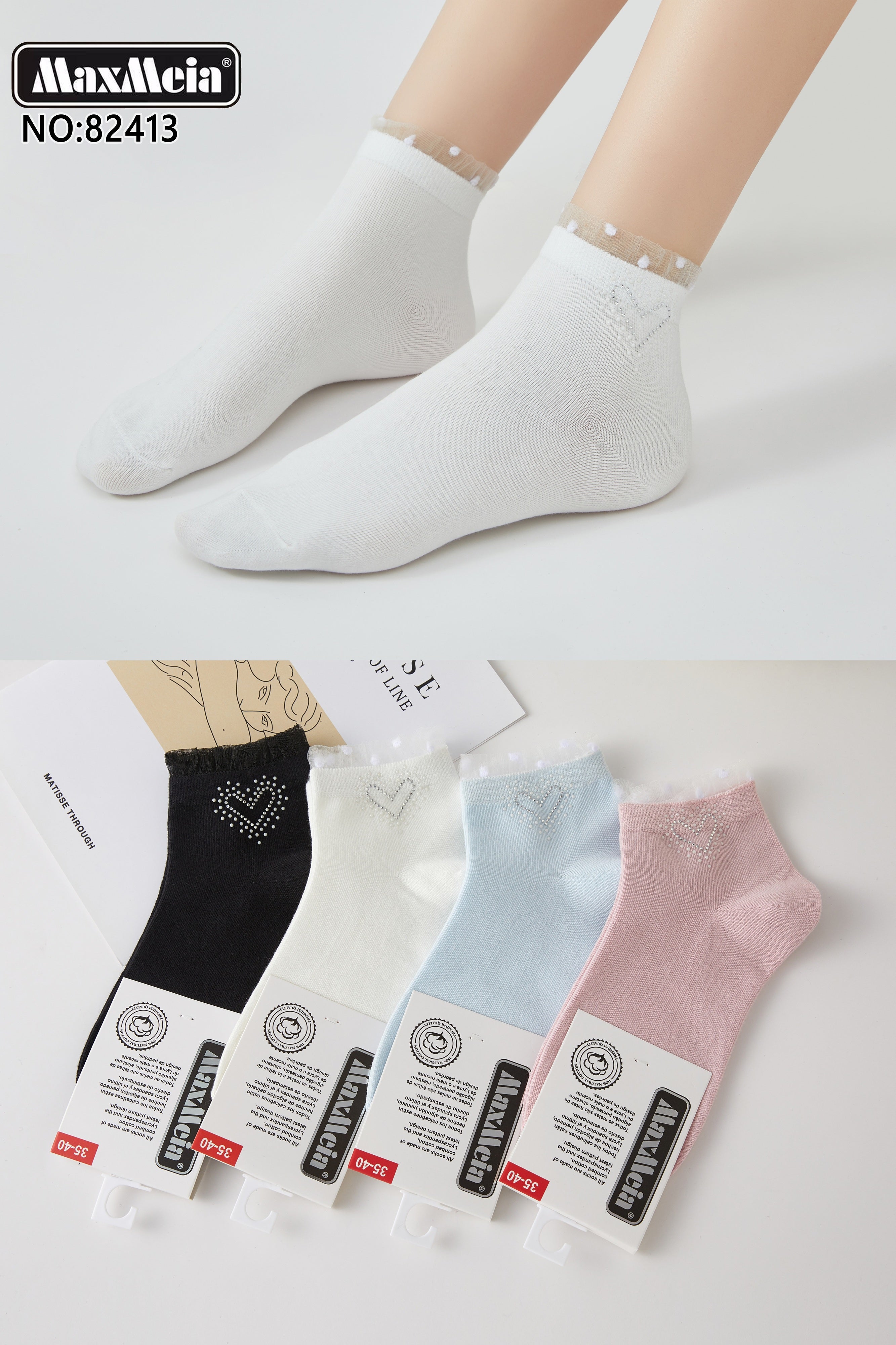 Meias Femininas com Pérolas e Coração Pack 4 Pares Sortidos MaxMeia