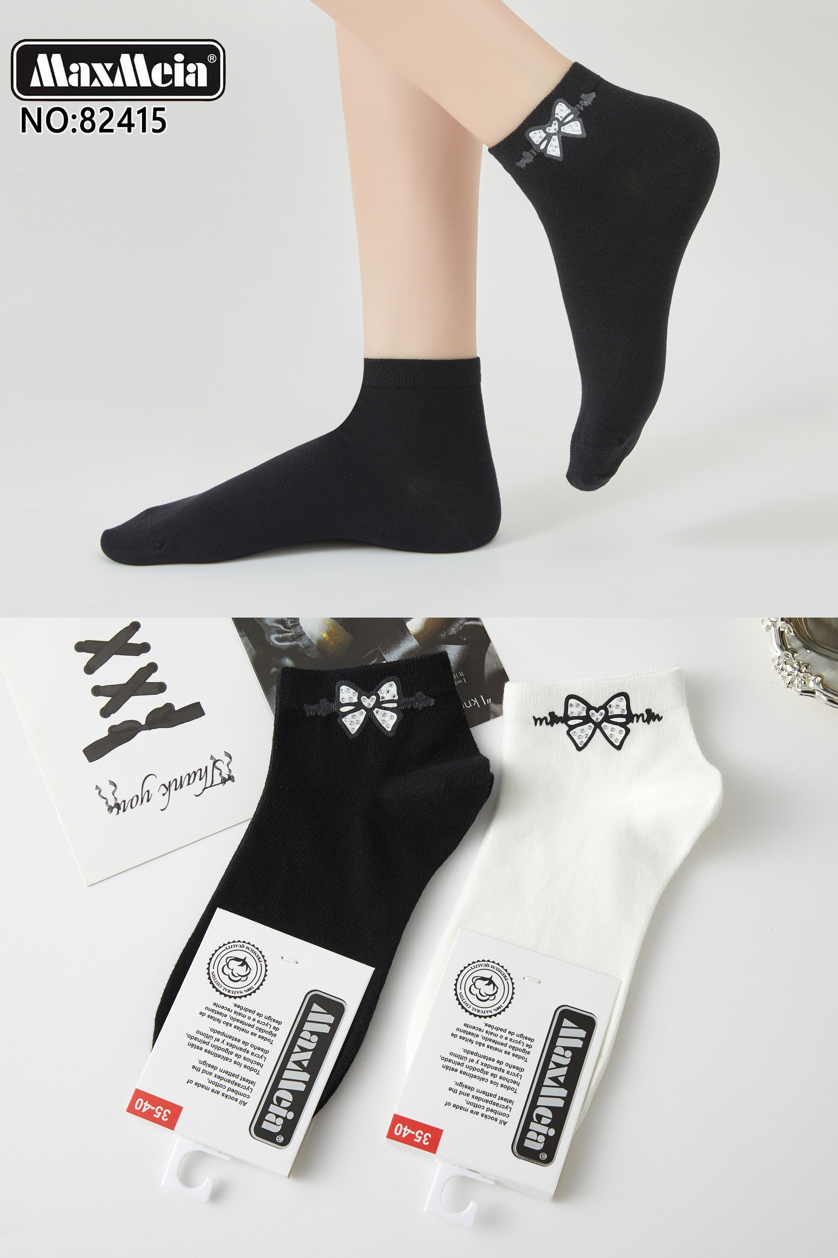 Meias Femininas com Laço Bordado Pack 2 Pares MaxMeia